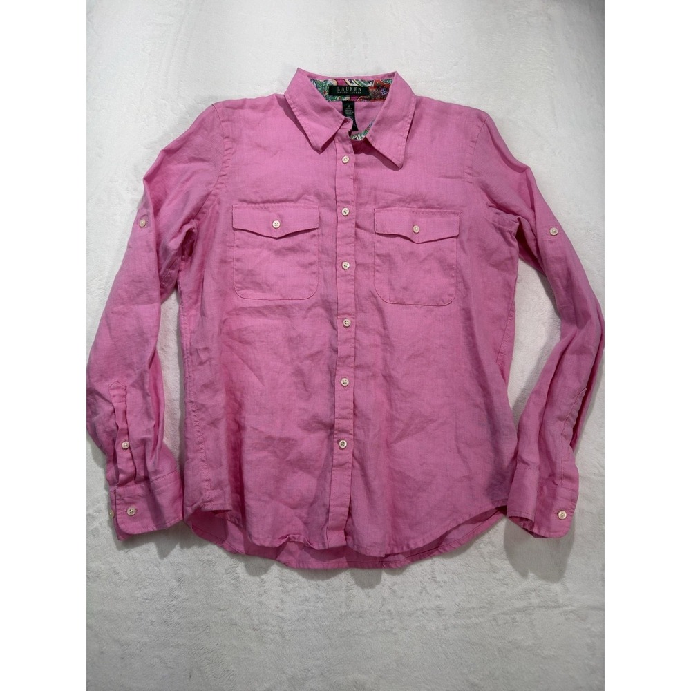Lauren Ralph Lauren Shirt Womens Medium Pink Linen Button Roll Tab Long Sleeve